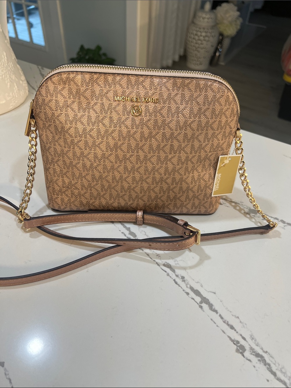 Michael Kors Cindy Metallic Rose Gold Crossbody with Gold Chain and accents